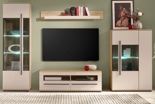 Wohnwand Design-D in Kaschmir und Cremona Eiche Wohnkombination Set 4-teilig 310 cm, mit Soft-Close
