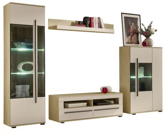 Wohnwand Design-D in Kaschmir und Cremona Eiche Wohnkombination Set 4-teilig 310 cm, mit Soft-Close