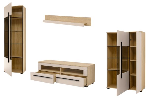Wohnwand Design-D in Kaschmir und Cremona Eiche Wohnkombination Set 4-teilig 310 cm, mit Soft-Close