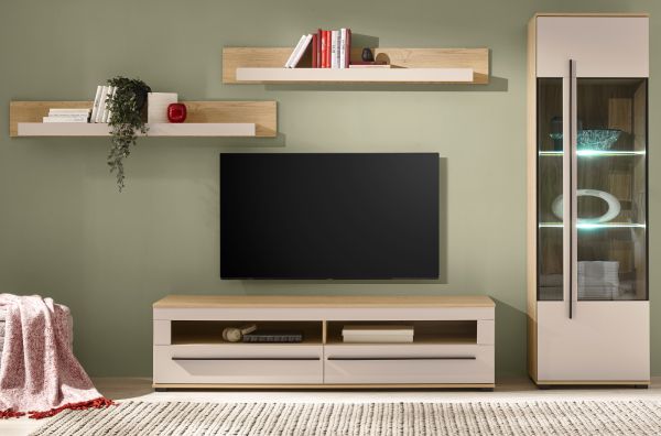 Wohnwand Design-D in Kaschmir und Cremona Eiche Wohnkombination Set 4-teilig 240 cm, mit Soft-Close
