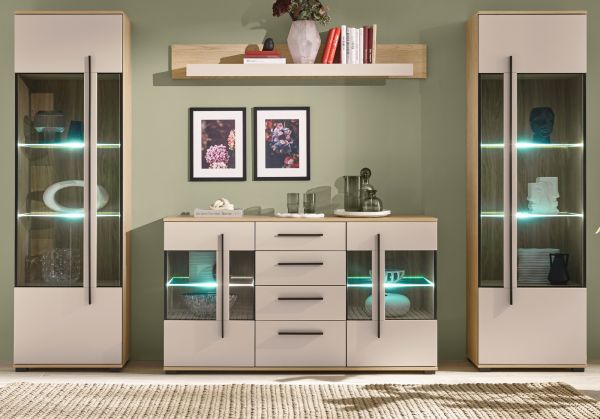 Wohnwand Design-D in Kaschmir und Cremona Eiche Wohnkombination Set 4-teilig 290 cm, mit Soft-Close