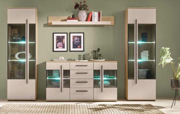 Wohnwand Design-D in Kaschmir und Cremona Eiche Wohnkombination Set 4-teilig 290 cm, mit Soft-Close