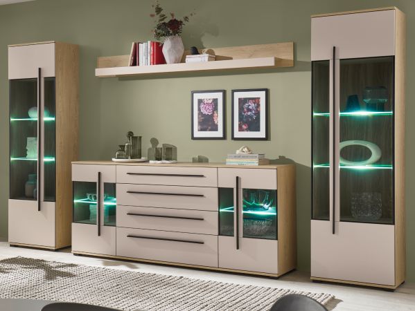 Wohnwand Design-D in Kaschmir und Cremona Eiche Wohnkombination Set 4-teilig 340 cm, mit Soft-Close