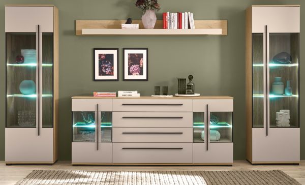 Wohnwand Design-D in Kaschmir und Cremona Eiche Wohnkombination Set 4-teilig 340 cm, mit Soft-Close