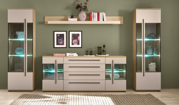 Wohnwand Design-D in Kaschmir und Cremona Eiche Wohnkombination Set 4-teilig 340 cm, mit Soft-Close