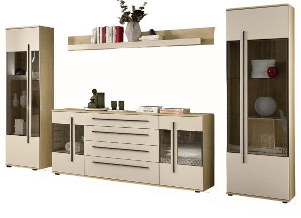 Wohnwand Design-D in Kaschmir und Cremona Eiche Wohnkombination Set 4-teilig 340 cm, mit Soft-Close