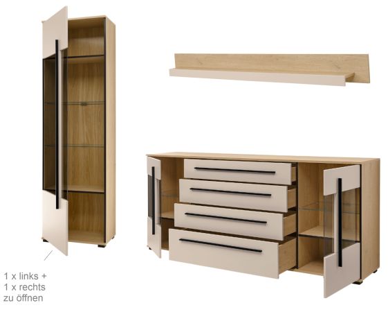 Wohnwand Design-D in Kaschmir und Cremona Eiche Wohnkombination Set 4-teilig 340 cm, mit Soft-Close