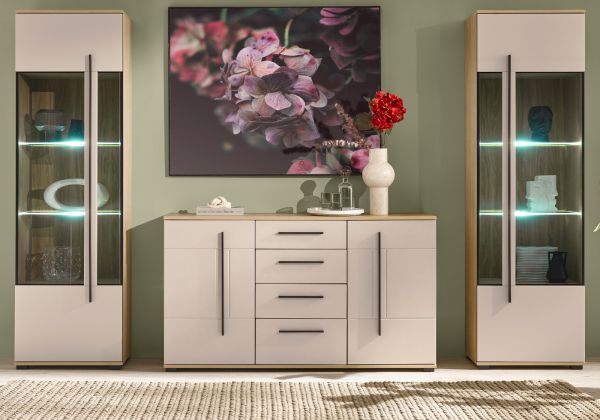 Wohnwand Design-D in Kaschmir und Cremona Eiche Wohnkombination Set 3-teilig 290 cm, mit Soft-Close