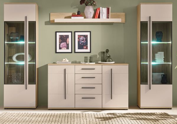 Wohnwand Design-D in Kaschmir und Cremona Eiche Wohnkombination Set 4-teilig 290 cm, mit Soft-Close