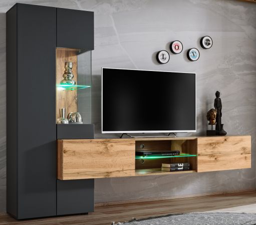 Wohnwand Okay in anthrazit und Wotan Eiche, 2-teilig, 210 cm, grifflos mit Push-To-Open, inkl. LED