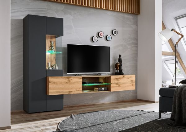 Wohnwand Okay in anthrazit und Wotan Eiche, 2-teilig, 210 cm, grifflos mit Push-To-Open, inkl. LED