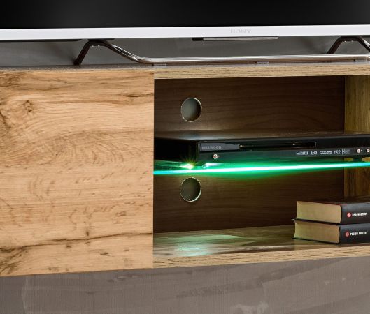 Wohnwand Okay in anthrazit und Wotan Eiche, 2-teilig, 210 cm, grifflos mit Push-To-Open, inkl. LED