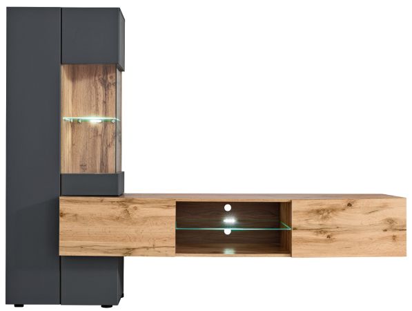 Wohnwand Okay in anthrazit und Wotan Eiche, 2-teilig, 210 cm, grifflos mit Push-To-Open, inkl. LED