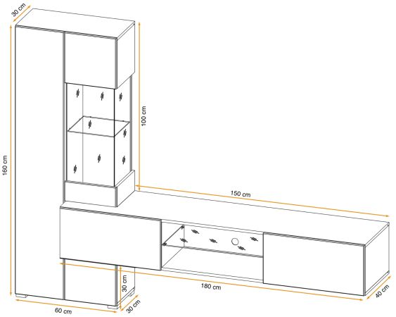 Wohnwand Okay in anthrazit und Wotan Eiche, 2-teilig, 210 cm, grifflos mit Push-To-Open, inkl. LED