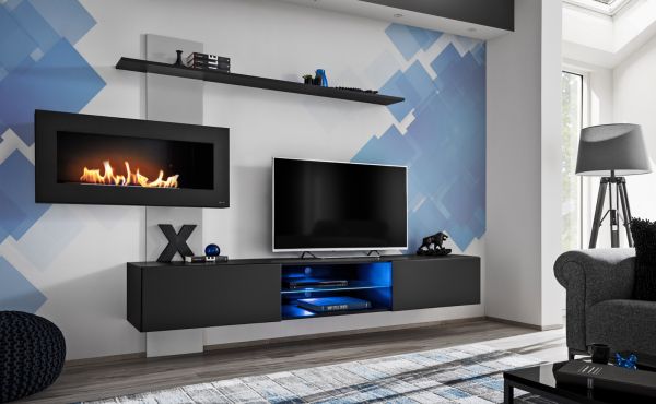 Wohnwand Special in schwarz und perlgau, Schrankwand h�ngend mit Ethanol Kamin und LED, 250 x 170 cm
