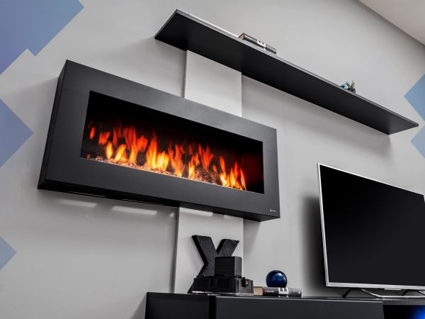 Wohnwand Special in schwarz und perlgau, Schrankwand h�ngend mit Ethanol Kamin und LED, 250 x 170 cm