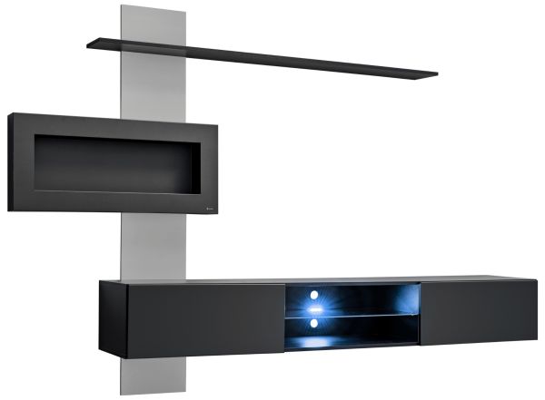 Wohnwand Special in schwarz und perlgau, Schrankwand h�ngend mit Ethanol Kamin und LED, 250 x 170 cm