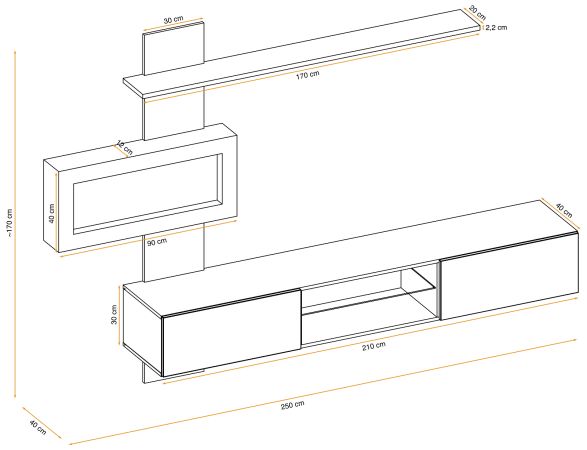 Wohnwand Special in schwarz und perlgau, Schrankwand h�ngend mit Ethanol Kamin und LED, 250 x 170 cm