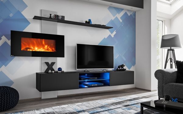 Wohnwand Special in schwarz und perlgau, Schrankwand h�ngend mit Elektrokamin und LED, 250 x 170 cm