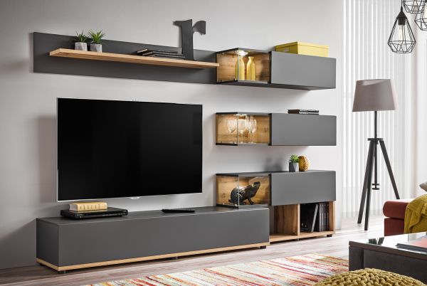 Wohnwand Lester-1 in Anthrazit und Wotan Eiche Schrankwand mit LED, Push-to-Open, 240 x 150 cm