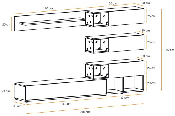 Wohnwand Lester-1 in Anthrazit und Wotan Eiche Schrankwand mit LED, Push-to-Open, 240 x 150 cm