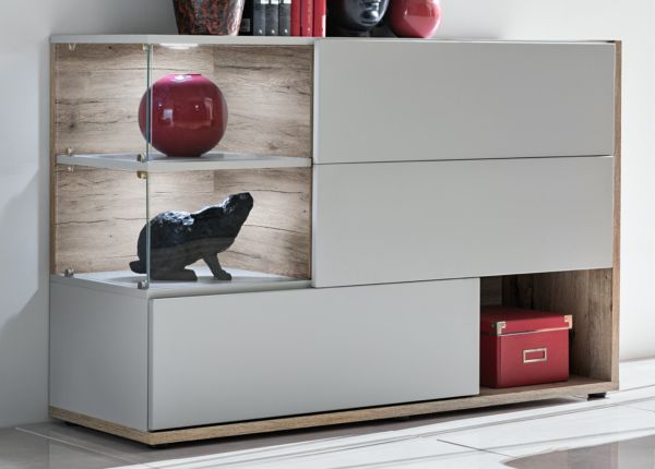 Sideboard Lester-1 in perlgrau und Wellington Eiche Kommode mit LED, Push-to-Open, 120 x 77 cm