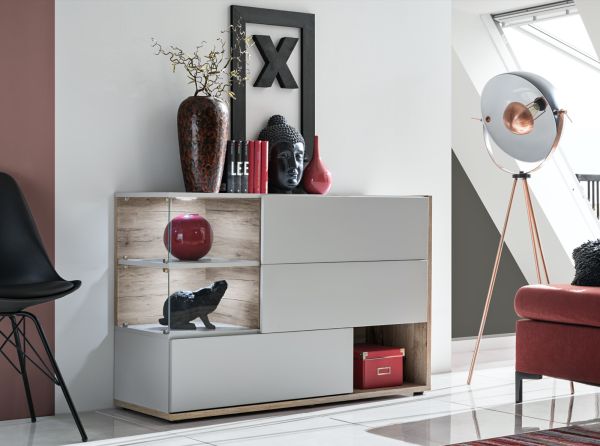 Sideboard Lester-1 in perlgrau und Wellington Eiche Kommode mit LED, Push-to-Open, 120 x 77 cm