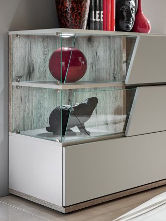 Sideboard Lester-1 in perlgrau und Wellington Eiche Kommode mit LED, Push-to-Open, 120 x 77 cm