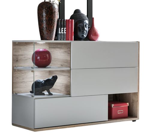 Sideboard Lester-1 in perlgrau und Wellington Eiche Kommode mit LED, Push-to-Open, 120 x 77 cm