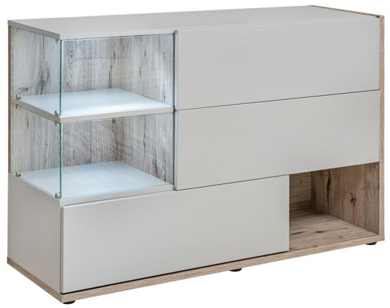 Sideboard Lester-1 in perlgrau und Wellington Eiche Kommode mit LED, Push-to-Open, 120 x 77 cm