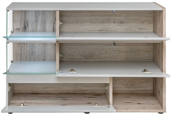 Sideboard Lester-1 in perlgrau und Wellington Eiche Kommode mit LED, Push-to-Open, 120 x 77 cm