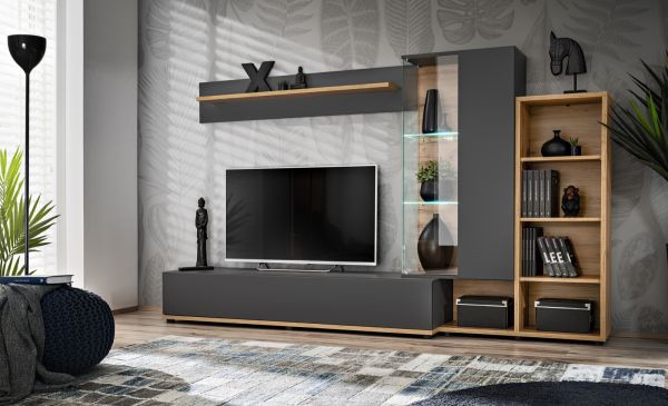 Wohnwand Lester in anthrazit und Wotan Eiche Schrankwand mit LED und Push-to-Open, 240 x 145 cm