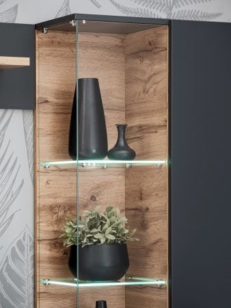 Wohnwand Lester in anthrazit und Wotan Eiche Schrankwand mit LED und Push-to-Open, 240 x 145 cm