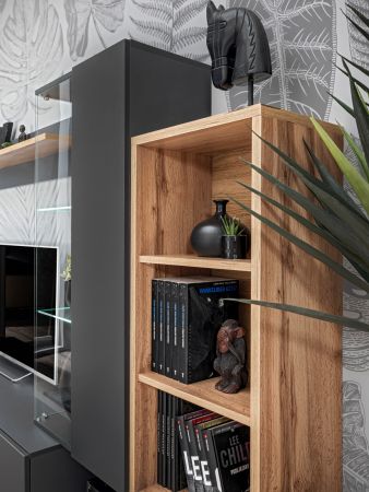 Wohnwand Lester in anthrazit und Wotan Eiche Schrankwand mit LED und Push-to-Open, 240 x 145 cm