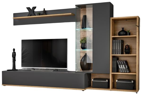 Wohnwand Lester in anthrazit und Wotan Eiche Schrankwand mit LED und Push-to-Open, 240 x 145 cm