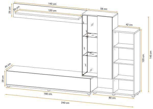 Wohnwand Lester in anthrazit und Wotan Eiche Schrankwand mit LED und Push-to-Open, 240 x 145 cm