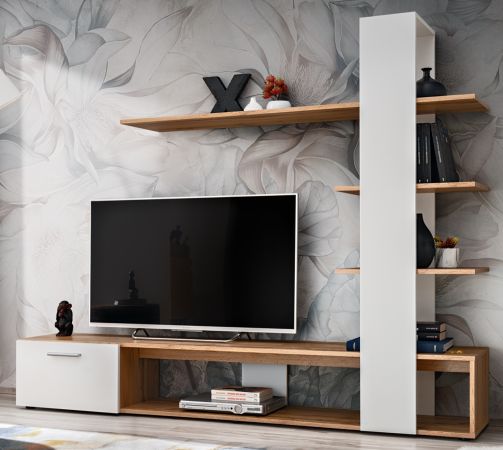Wohnwand Upgrade in wei� und Wotan Eiche Schrankwand 2-teilig 190 x 152 cm