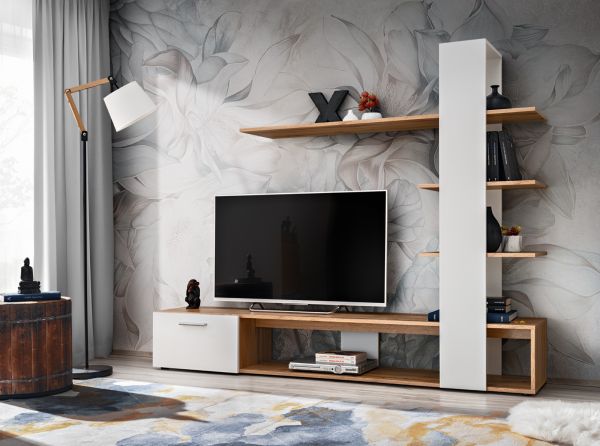 Wohnwand Upgrade in wei� und Wotan Eiche Schrankwand 2-teilig 190 x 152 cm