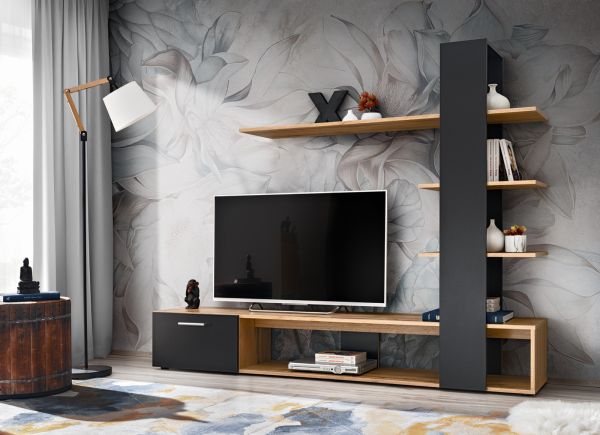 Wohnwand Upgrade in schwarz und Wotan Eiche Schrankwand 2-teilig 190 x 152 cm