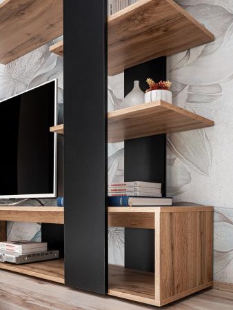 Wohnwand Upgrade in schwarz und Wotan Eiche Schrankwand 2-teilig 190 x 152 cm