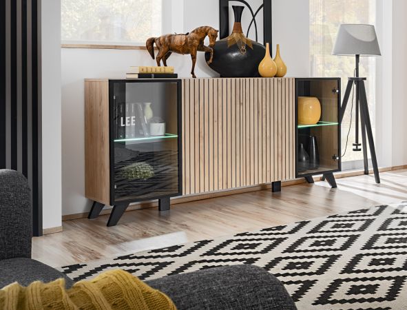 Sideboard Lines in Hickory Eiche und schwarz Kommode mit LED und Push-to-Open, 160 x 82 cm