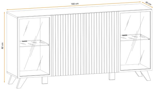 Sideboard Lines in Hickory Eiche und schwarz Kommode mit LED und Push-to-Open, 160 x 82 cm