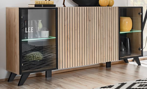 Sideboard Lines in Hickory Eiche und schwarz Kommode mit LED und Push-to-Open, 160 x 82 cm