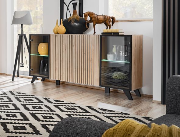 Sideboard Lines in Hickory Eiche und schwarz Kommode mit LED und Push-to-Open, 160 x 82 cm