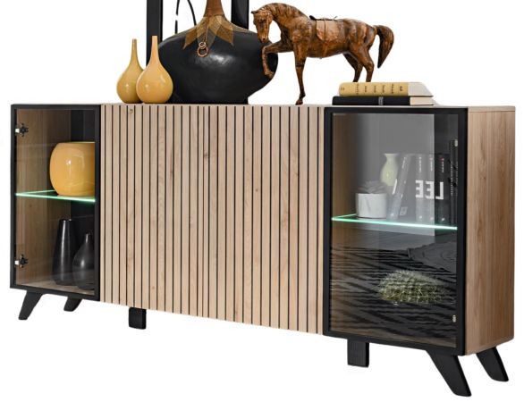 Sideboard Lines in Hickory Eiche und schwarz Kommode mit LED und Push-to-Open, 160 x 82 cm