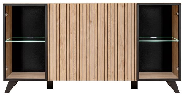 Sideboard Lines in Hickory Eiche und schwarz Kommode mit LED und Push-to-Open, 160 x 82 cm