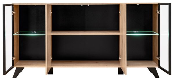 Sideboard Lines in Hickory Eiche und schwarz Kommode mit LED und Push-to-Open, 160 x 82 cm