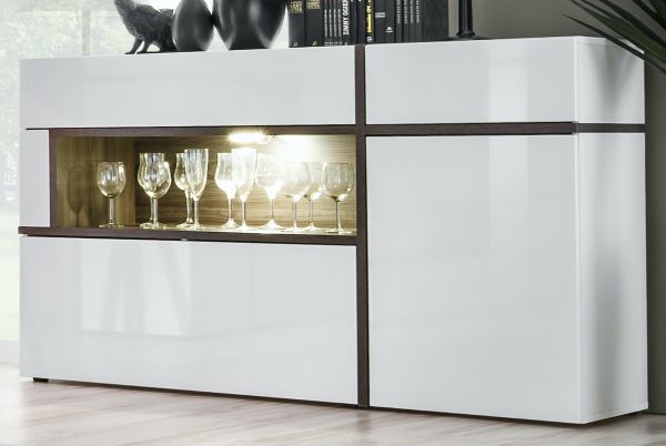 Sideboard Lovely in wei� Hochglanz und Ulme Kommode mit LED und Push-to-Open, 150 x 90 cm
