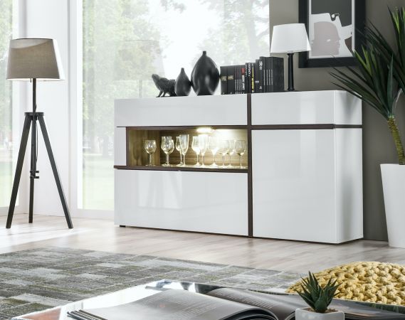 Sideboard Lovely in wei� Hochglanz und Ulme Kommode mit LED und Push-to-Open, 150 x 90 cm