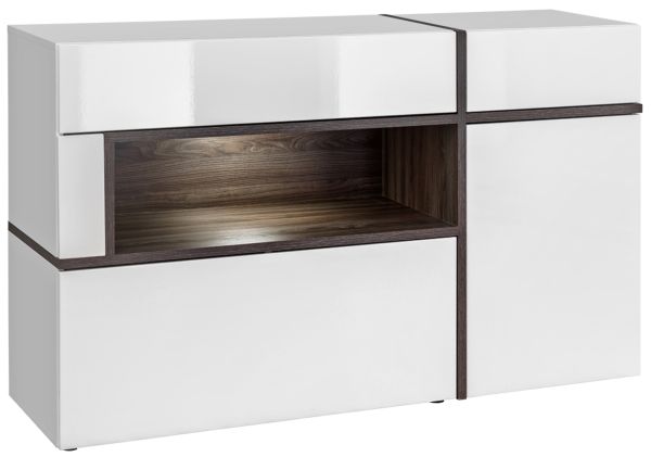 Sideboard Lovely in wei� Hochglanz und Ulme Kommode mit LED und Push-to-Open, 150 x 90 cm